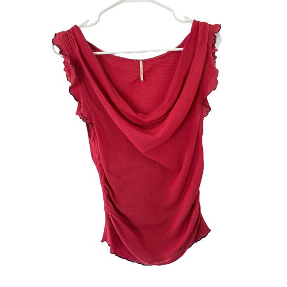 Free People Red Sheer Knit Cowl Neck Ruffle Sleeve Top Y2K Style Boho Romantic M - Picture 8 of 8